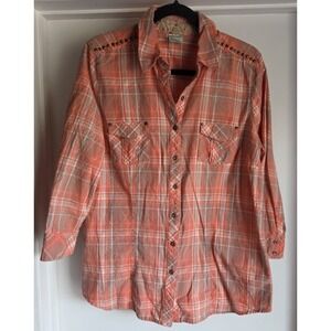 Inked & Faded Button-Up Shirt Women L Orange Plaid Cotton Western Cowgirl
